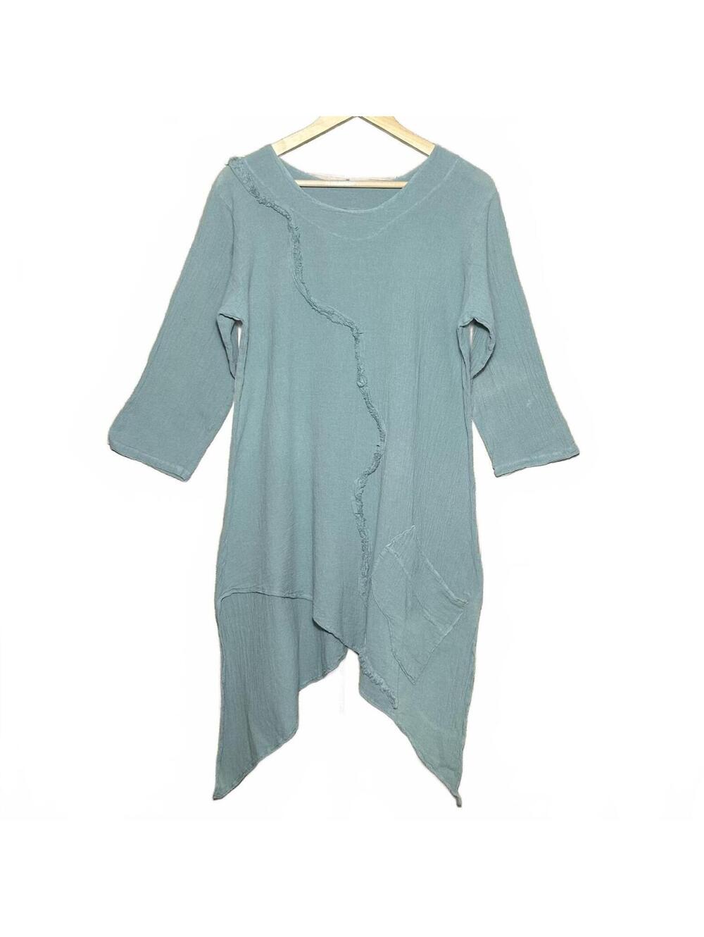 Women's Medium Sage Green 100% Cotton 3/4 Sleeve Tunic Top Asymmetrical Boho NWT